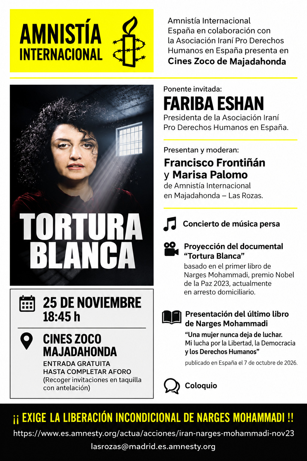 AMNISTÍA INTERNACIONAL presenta: «Tortura Blanca» V.O.S. con la intervención de FARIBA ESHAN, Presidenta Asociación Iraní Pro Derechos Humanos